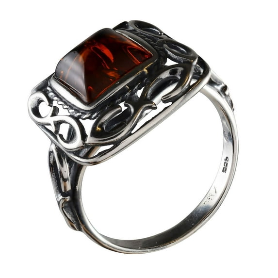 Square Amber Ring, Sterling Silver and Baltic Honey Amber Square Ring "Ruth"