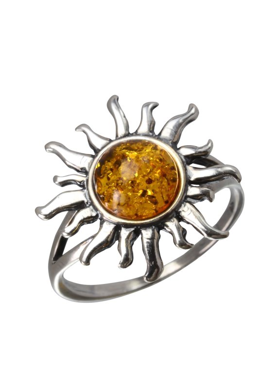 GIA Certified Sterling Silver and Baltic Honey Amber Sun Ring