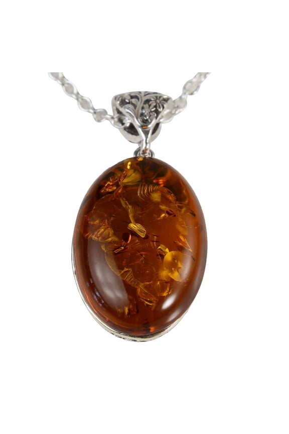 Natural Amber Pendant, Sterling Silver and Baltic Honey Oval Amber Pendant "Lois"