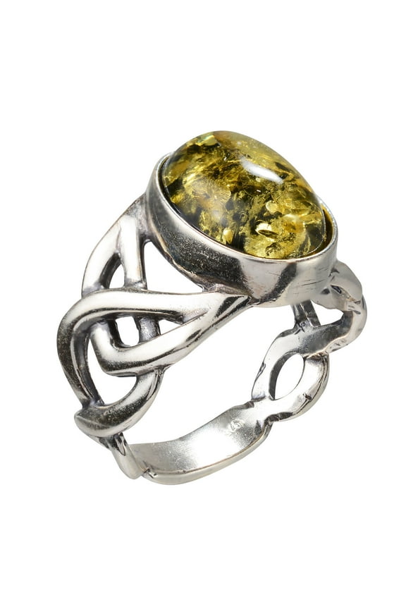 Sterling Silver and Baltic Large Celtic Knots Green Amber Ring; size 8