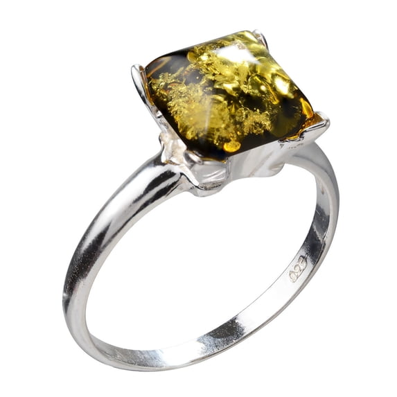 GIA Certified Sterling Silver and Baltic Olive Green Amber Square Ring "Nelda"
