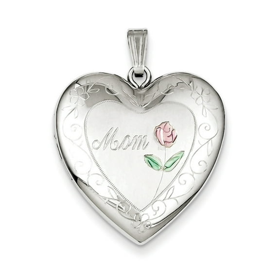 Lockets Sterling Silver Rhodium-plated 24mm Enameled D/C Mom Heart Locket