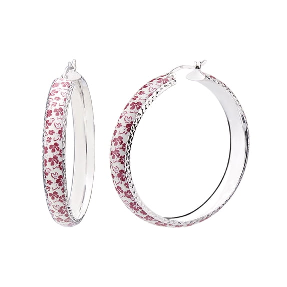 Sterling Silver and Enamel 46mm Click-Top Hoop Earrings with Red Floral Print and Diamond Cut Designs