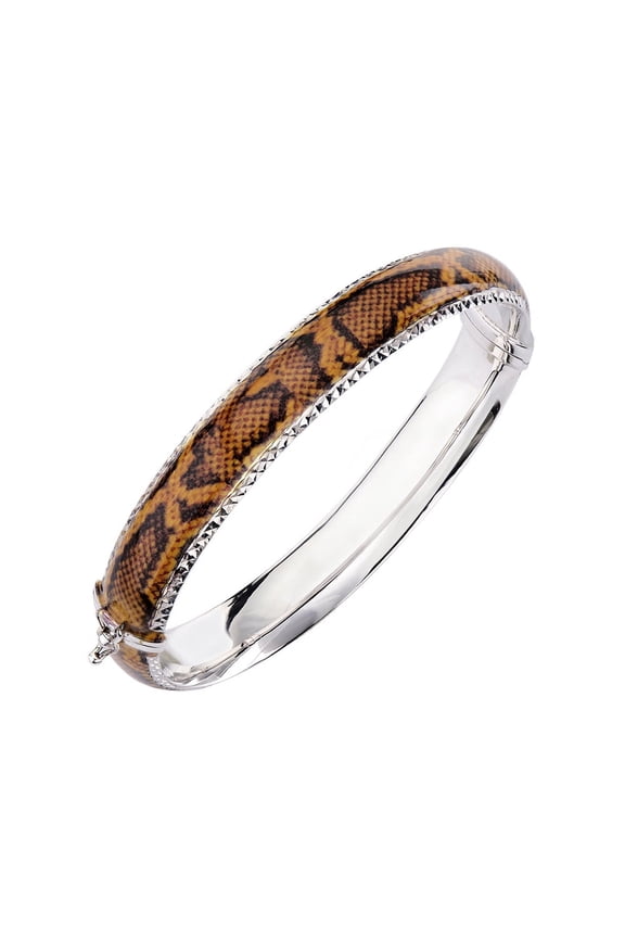 Sterling Silver and Enamel Bangle Bracelet with Hinge with Snake Skin Print and Diamond Cut Designs