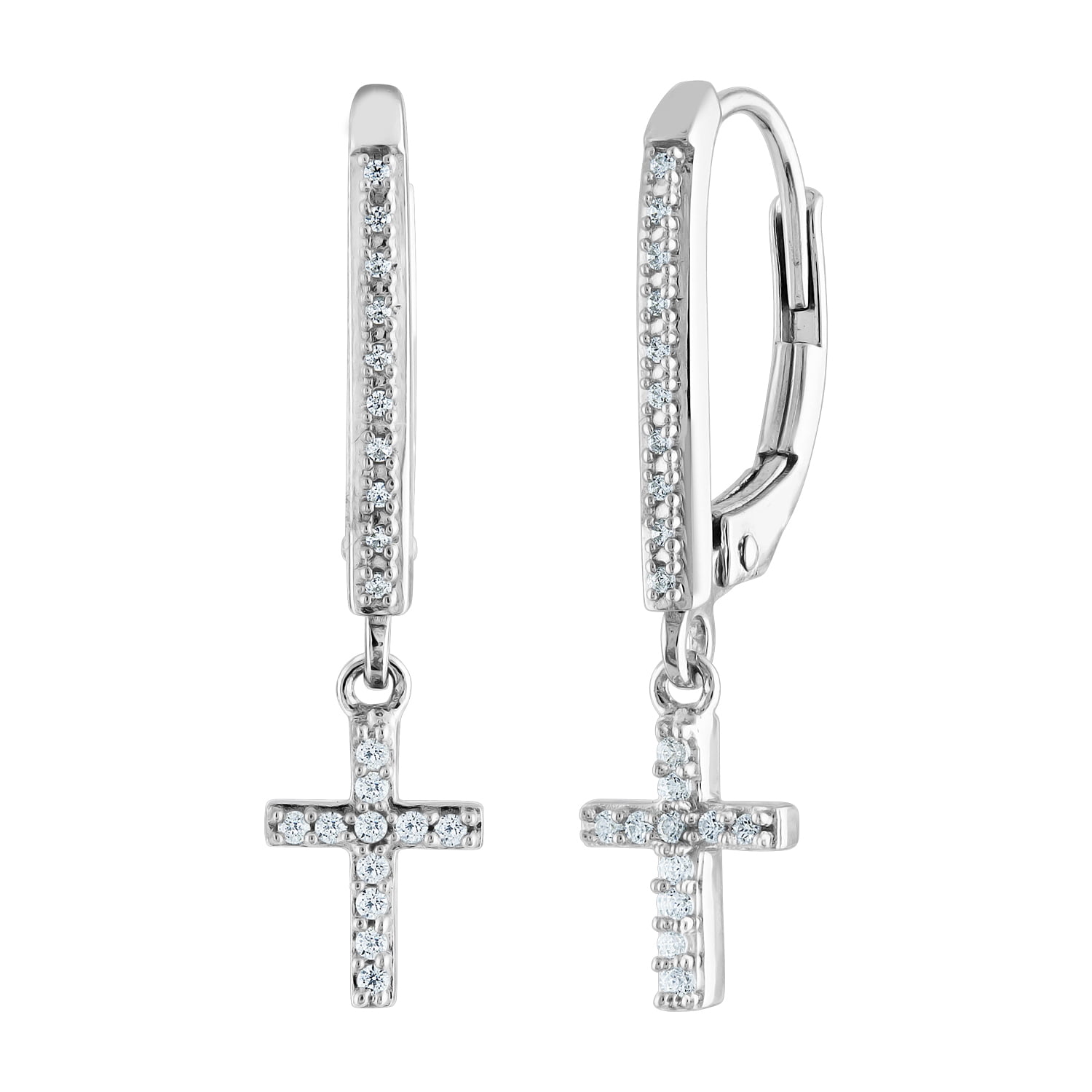 Sterling Silver and Genuine Diamond 1/10 cttw Cross Drop Earring