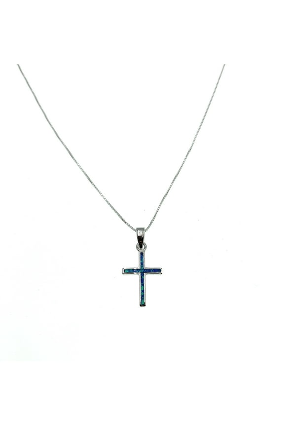 Sterling Silver blue opal cross necklace on 18 inch box chain made in Italy