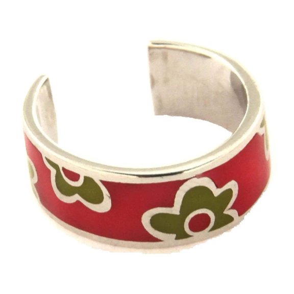 Sterling Silver green and fuchsia enamel flower design open adjustable ring.