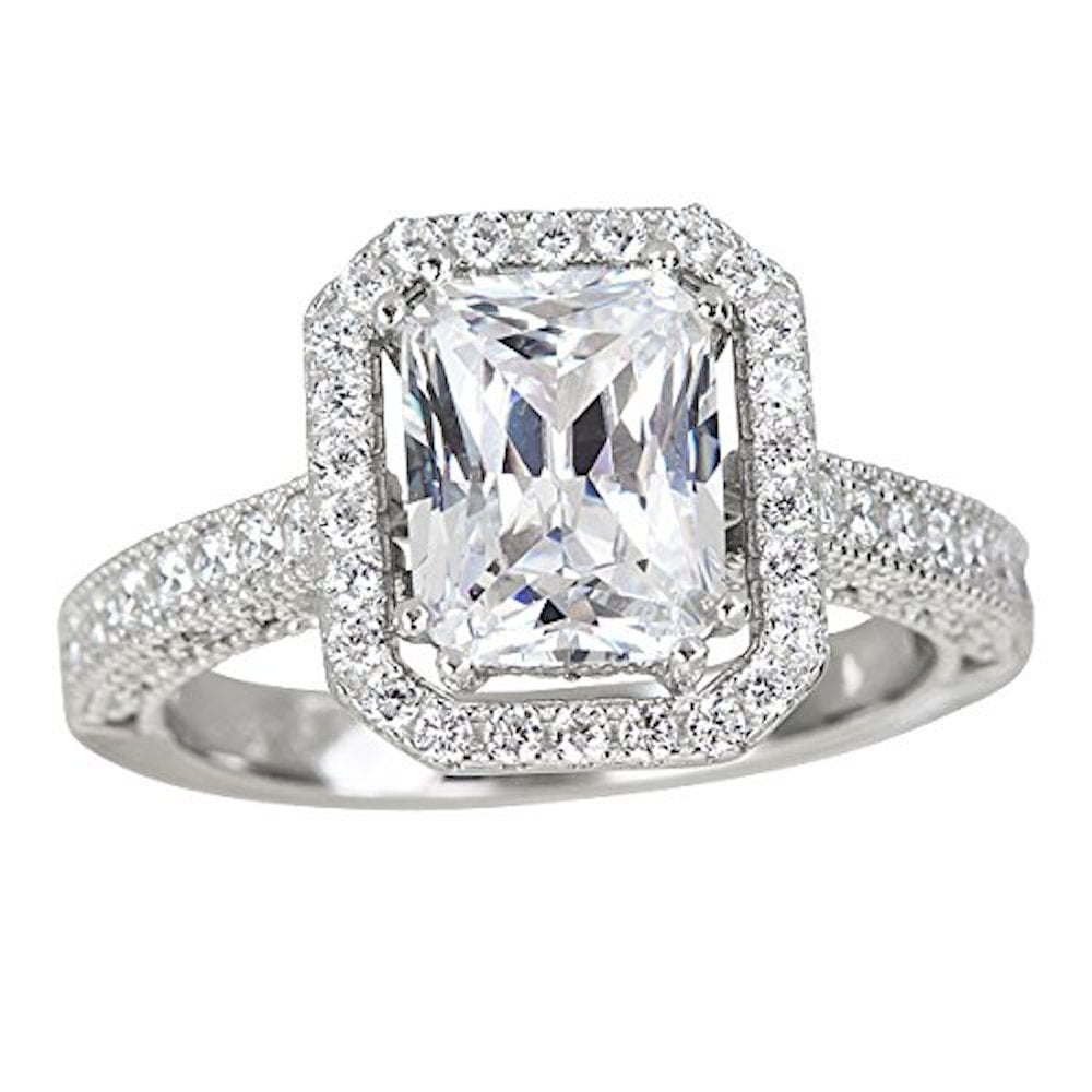 Sterling Silver mm Cut Halo Pave Cubic Zirconia Engagement Ring