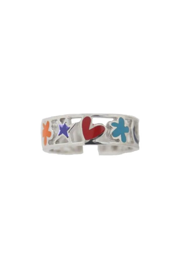 Sterling Silver multicolor stars hearts flowers cloud and moon enamel adjustable open ring.