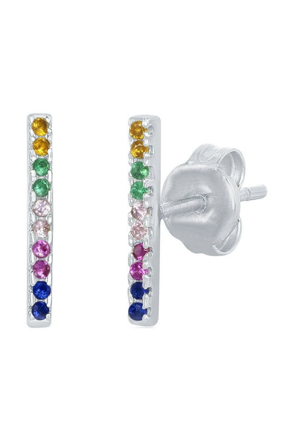 Sterling Silver or 14K Gold over Silver Rainbow CZ Vertical Bar Stud Earrings