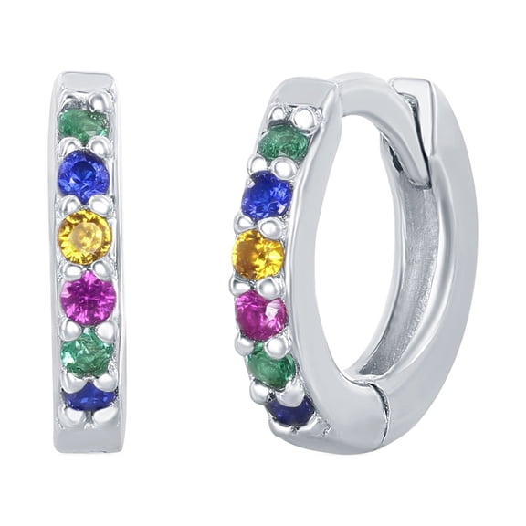 Sterling Silver or Gold Plated Rainbow CZ Small Huggie Hoop Earrings