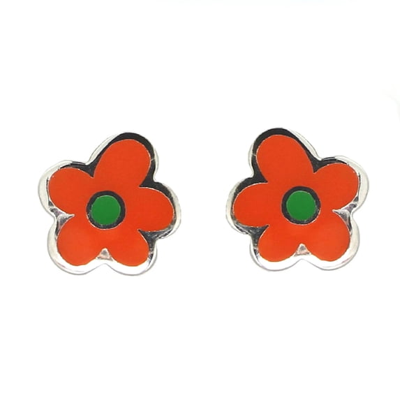 Sterling Silver orange enamel flower with green enamel center post earrings
