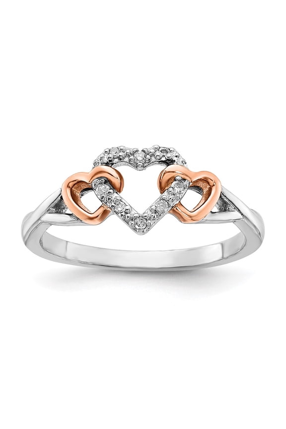 Sterling Silver w/ 10k Rose Accent Polished Diamond Triple Heart Ring