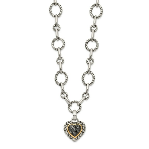 Sterling Silver w/14k Black Diamond Heart Drop Necklace