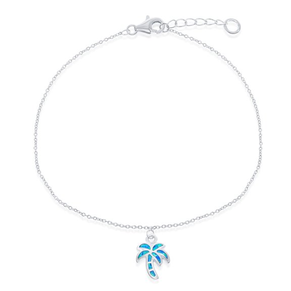Sterling Silver w/ Created Blue Opal Palm tree 9+1" Nautical Anklet Bracelet