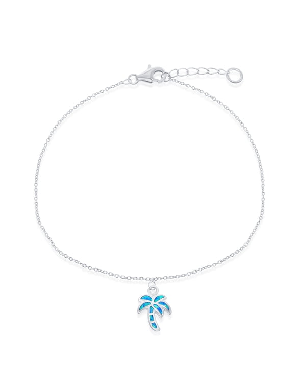 Sterling Silver w/ Created Blue Opal Palm tree 9+1" Nautical Anklet Bracelet