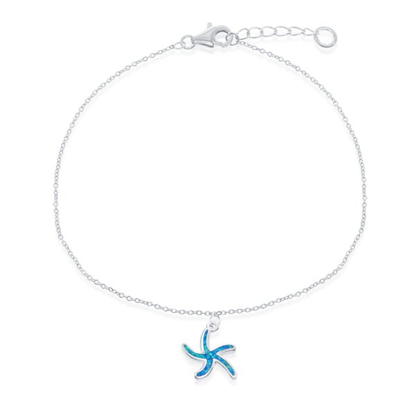 Sterling Silver w/ Created Blue Opal Starfish 9+1" Nautical Anklet Bracelet