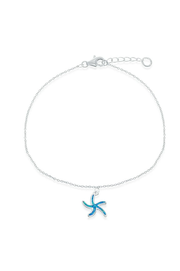 Sterling Silver w/ Created Blue Opal Starfish 9+1" Nautical Anklet Bracelet