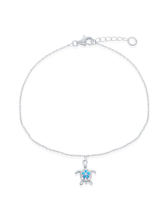 Sterling Silver w/ Created Blue Opal Turtle 9+1" Nautical Anklet Bracelet
