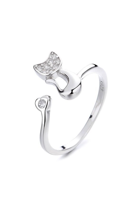 Sterling Silver whimsical Cat ring with crystals