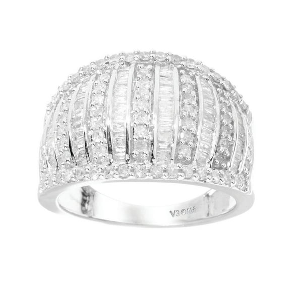 Sterling Silver with 1.00 CTTW Round and Baguette Shape Natural White Diamond Band Ring