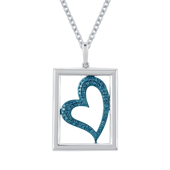 Sterling Silver with 1/2 CTTW Natural Blue Diamond Heart Pendant