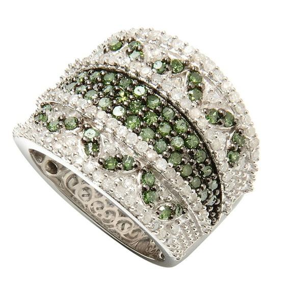 Sterling Silver with 1.50 CTTW Genuine Green and White Diamond Wide Band Ring