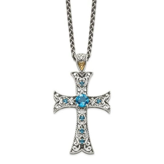 Sterling Silver with 14K Gold London Blue Topaz Cross Necklace, Polished