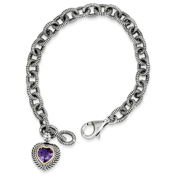 Sterling Silver with 14K Yellow Gold Amethyst Heart Link Bracelet - Antiqued & Polished