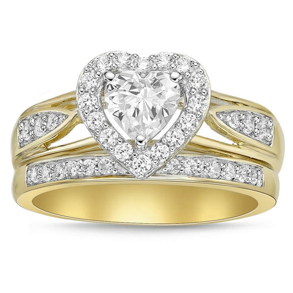 Sterling Silver with 14KY Gold Plated Heart with Halo Simulated Diamond Bridal Set Rings