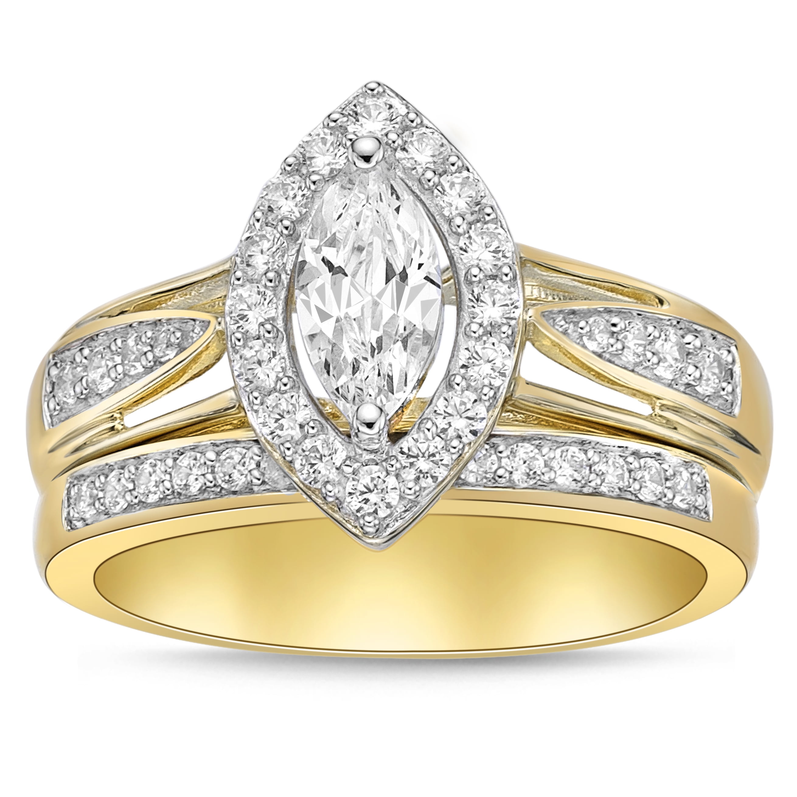 Sterling Silver with 14KY Gold Plated Marquise with Halo Simulated Diamond Bridal Set Rings