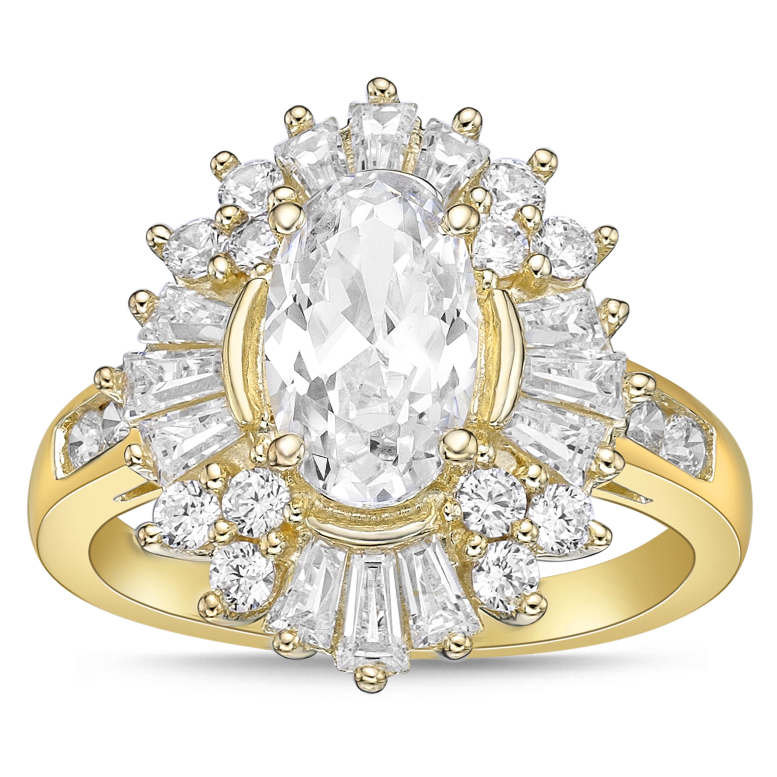 Sterling Silver with 14KY Gold Plated Pear Shape with Baguette Halo Simulated Diamond Cocktail Ring