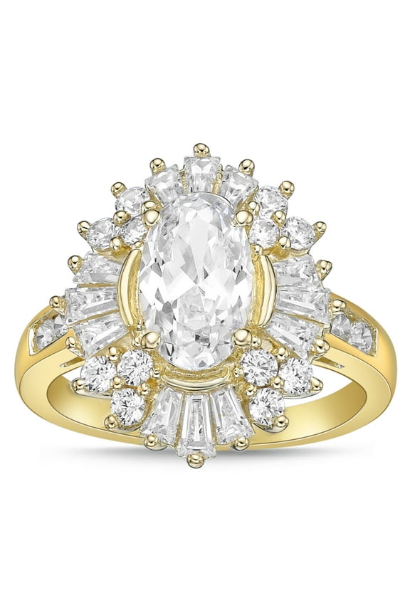 Sterling Silver with 14KY Gold Plated Pear Shape with Baguette Halo Simulated Diamond Cocktail Ring