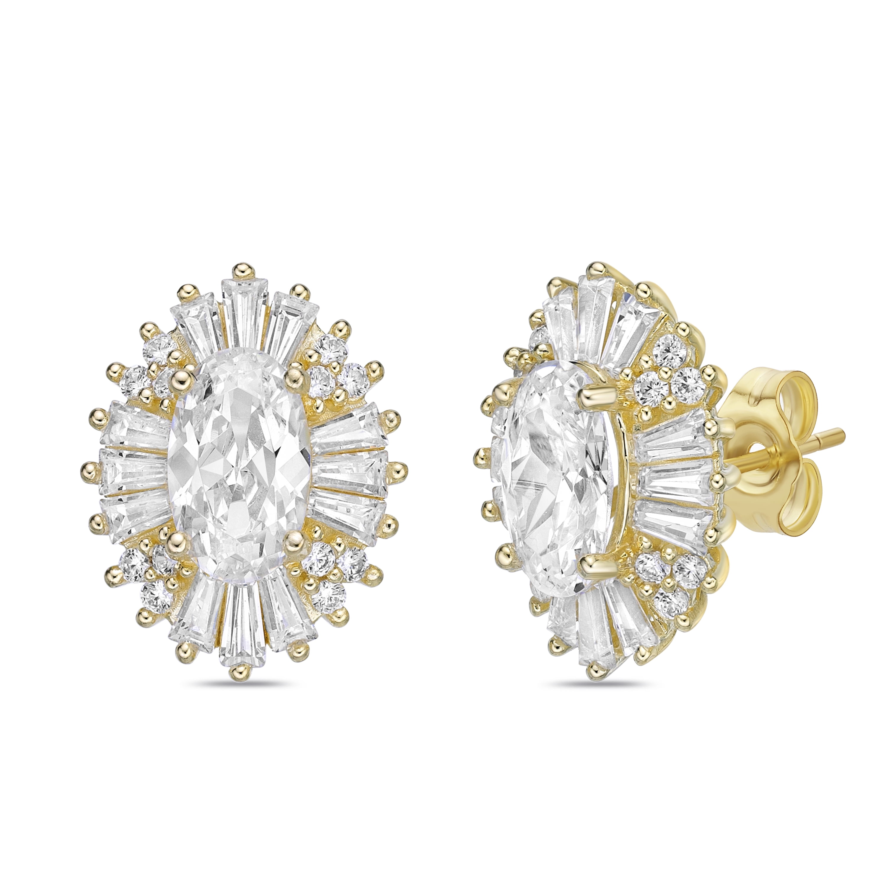 Sterling Silver with 14KY Gold Plated Pear Shape with Baguette Halo Simulated Diamond Stud Earrings
