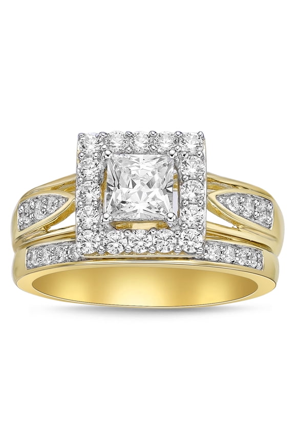 Sterling Silver with 14KY Gold Plated Princess cut with Halo Simulated Diamond Bridal Set Rings