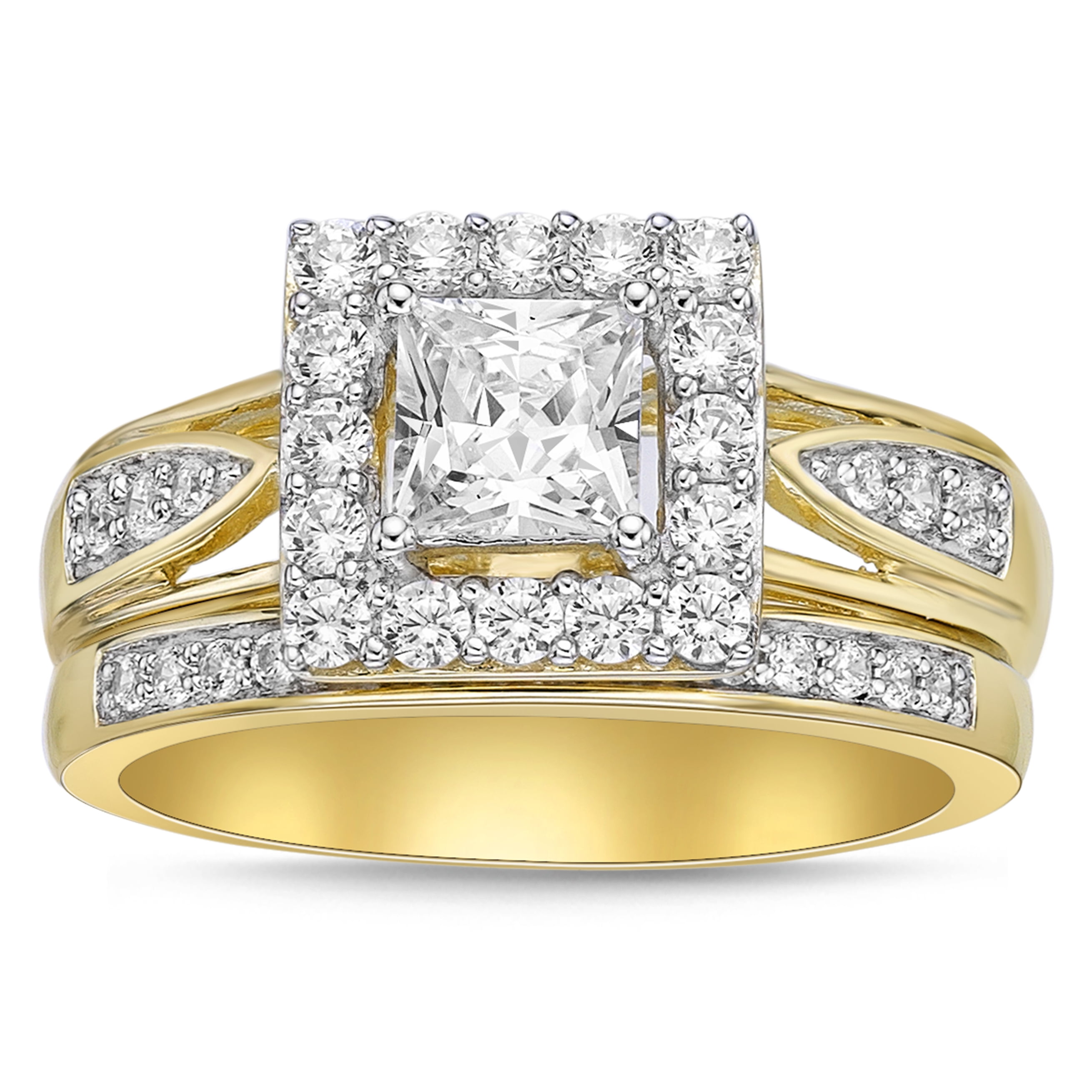 Sterling Silver with 14KY Gold Plated Princess cut with Halo Simulated Diamond Bridal Set Rings