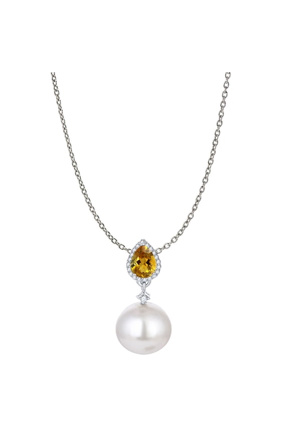 Sterling Silver with 14mm Shell Pearl, Natural Choice Of Gemstone and White Topaz Drop Pendant with 18" Chain