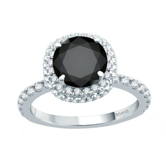 Sterling Silver with 3.00 CTTW Natuarl Black Diamond and White Topaz Halo Ring
