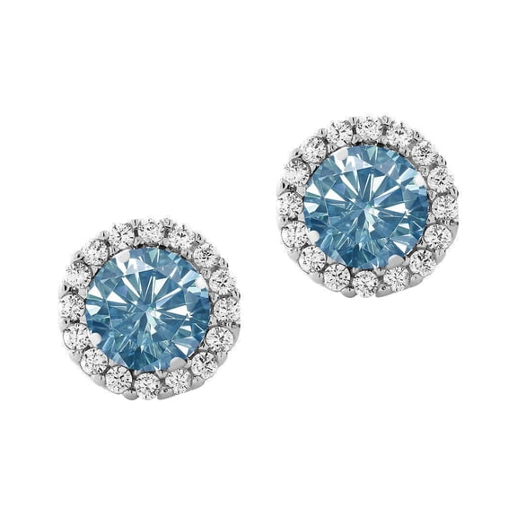 Sterling Silver with Blue Moissanite and White Topaz Halo Stud Earrings