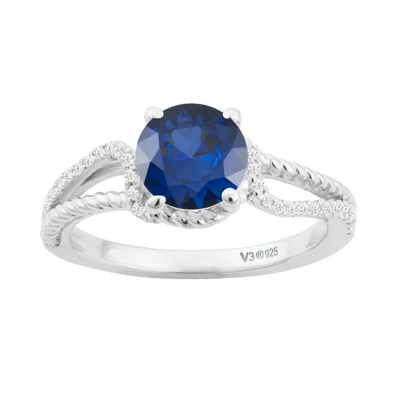 Sterling Silver with Blue Sapphire and White Diamond Engagement Ring
