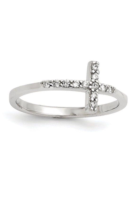 Sterling Silver Rhodium-plated CZ Sideways Cross Ring