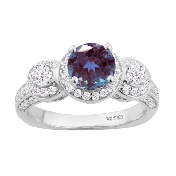 Sterling Silver with Color Changing Alexandrite, Moisssanite and White Diamond Three Stone Ring