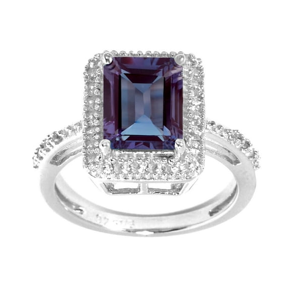 Sterling Silver with Color Changing Alexandrite and Natural White Topaz Emerald Cut Halo Ring