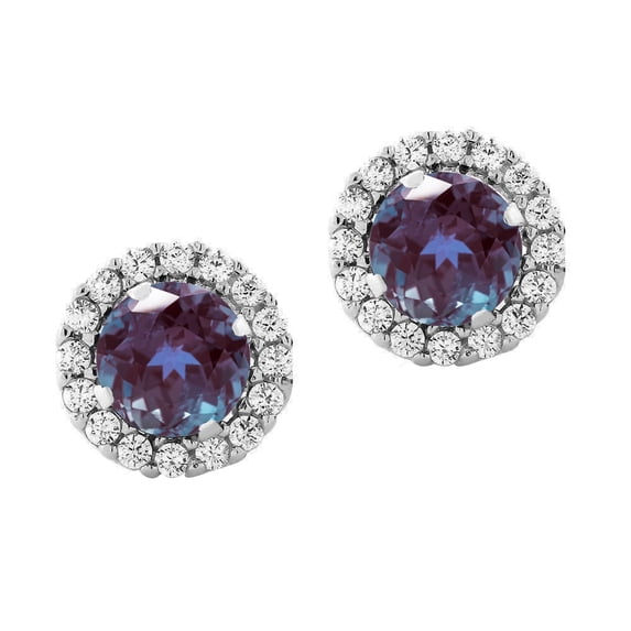 Sterling Silver with Color Changing Alexandrite and Natural White Topaz Halo Stud Earring