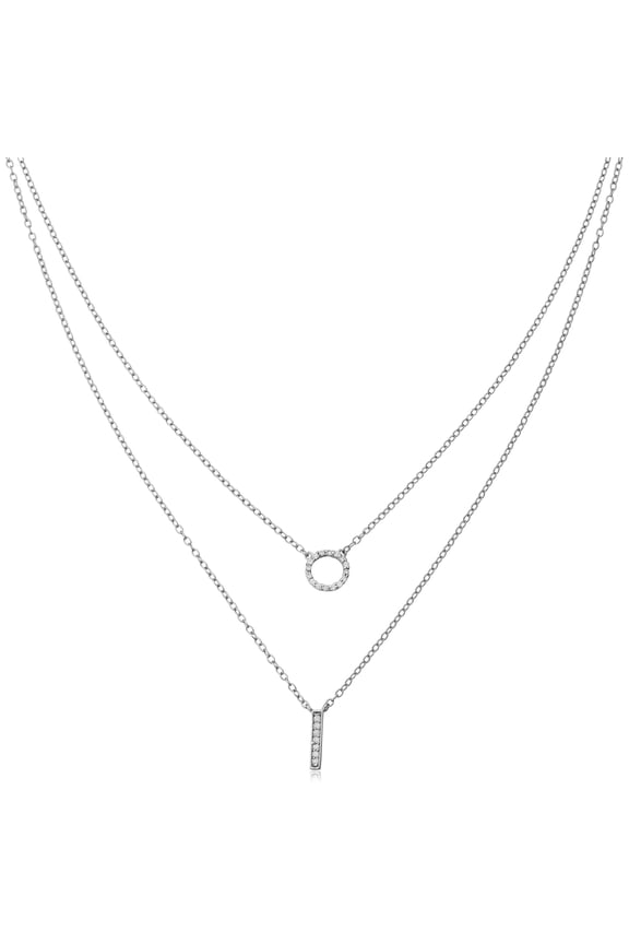 Sterling Silver with Cubic Zirconia Bar and Circle Layered Necklace (16 inch)