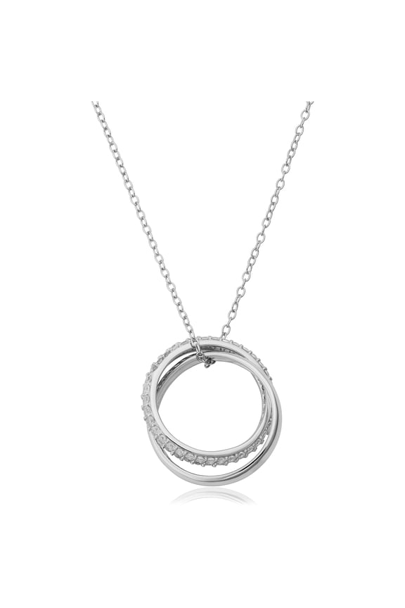 Sterling Silver with Cubic Zirconia Double Ring Pendant on Adjustable Length Cable Chain (16" to 18")