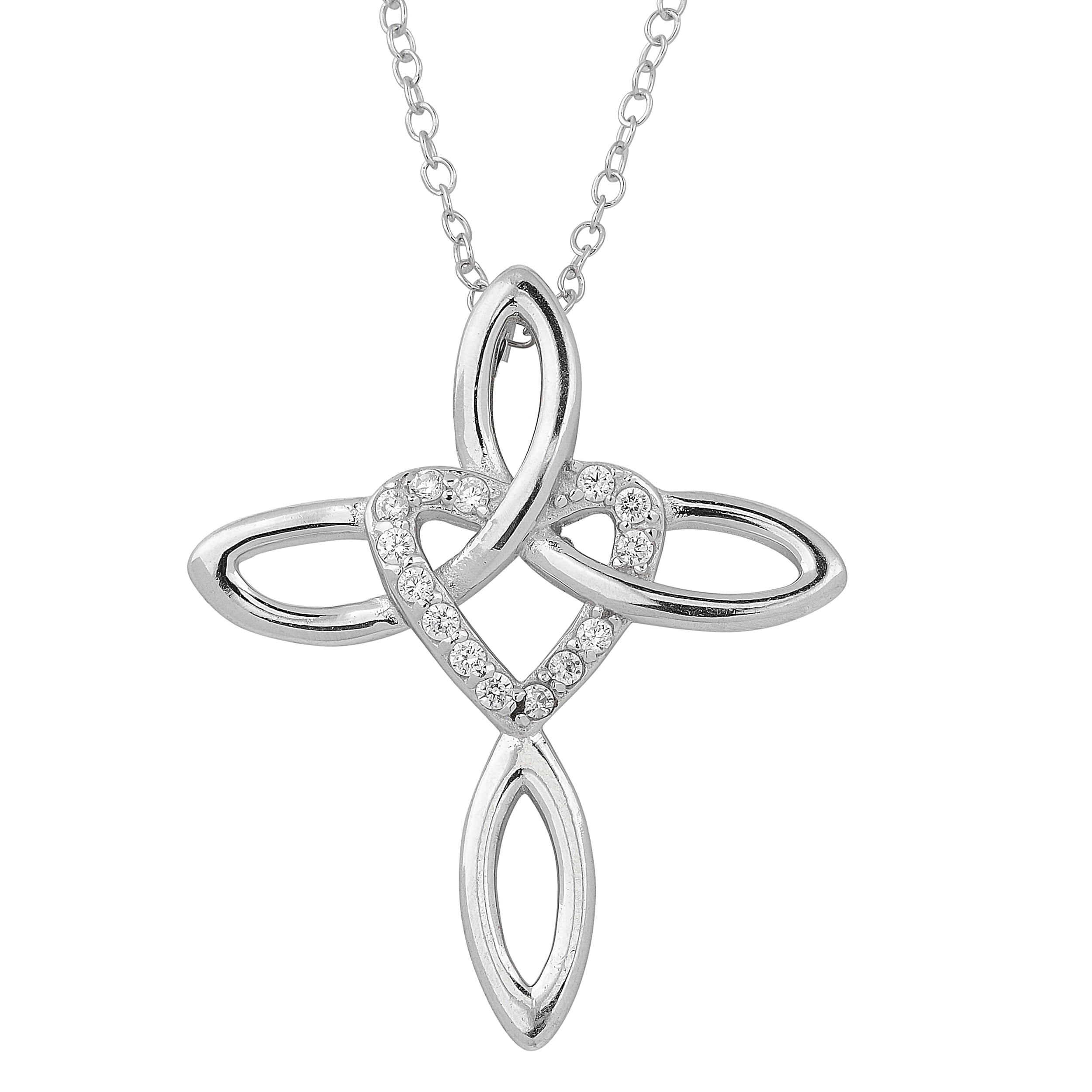 FREMADA KoolJewelry Sterling Silver with Cubic Zirconia Ribbon Cross and Heart Necklace (18 inch)