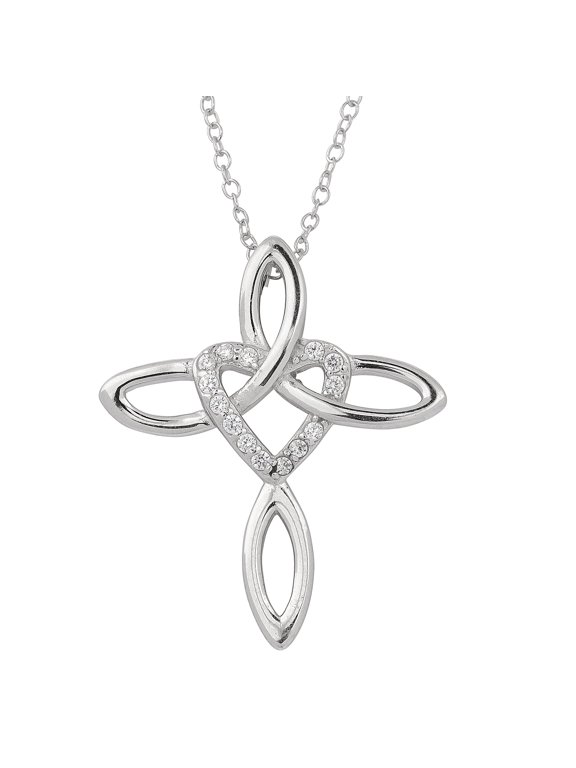 KoolJewelry Sterling Silver with Cubic Zirconia Ribbon Cross and Heart Necklace (18 inch)