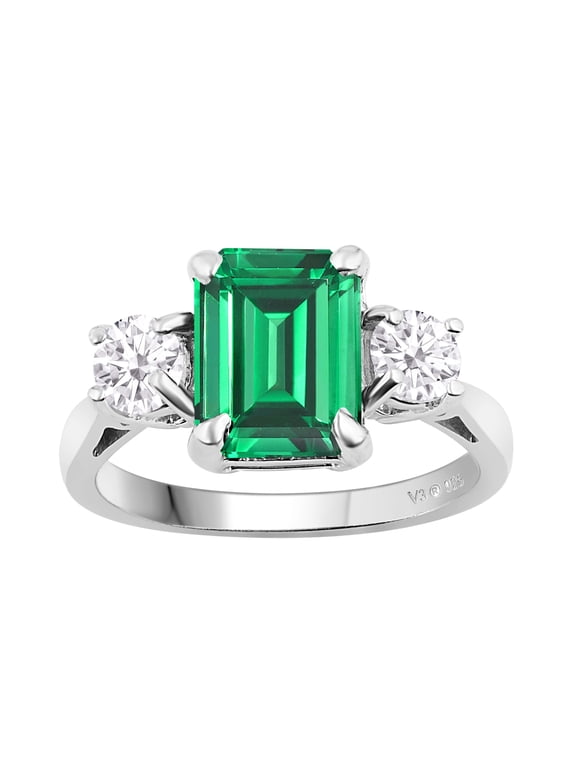 Sterling Silver with Emerald and Moissanite Three Stone Ring