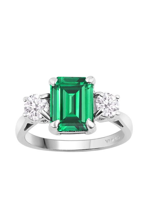 Sterling Silver with Emerald and Moissanite Three Stone Ring
